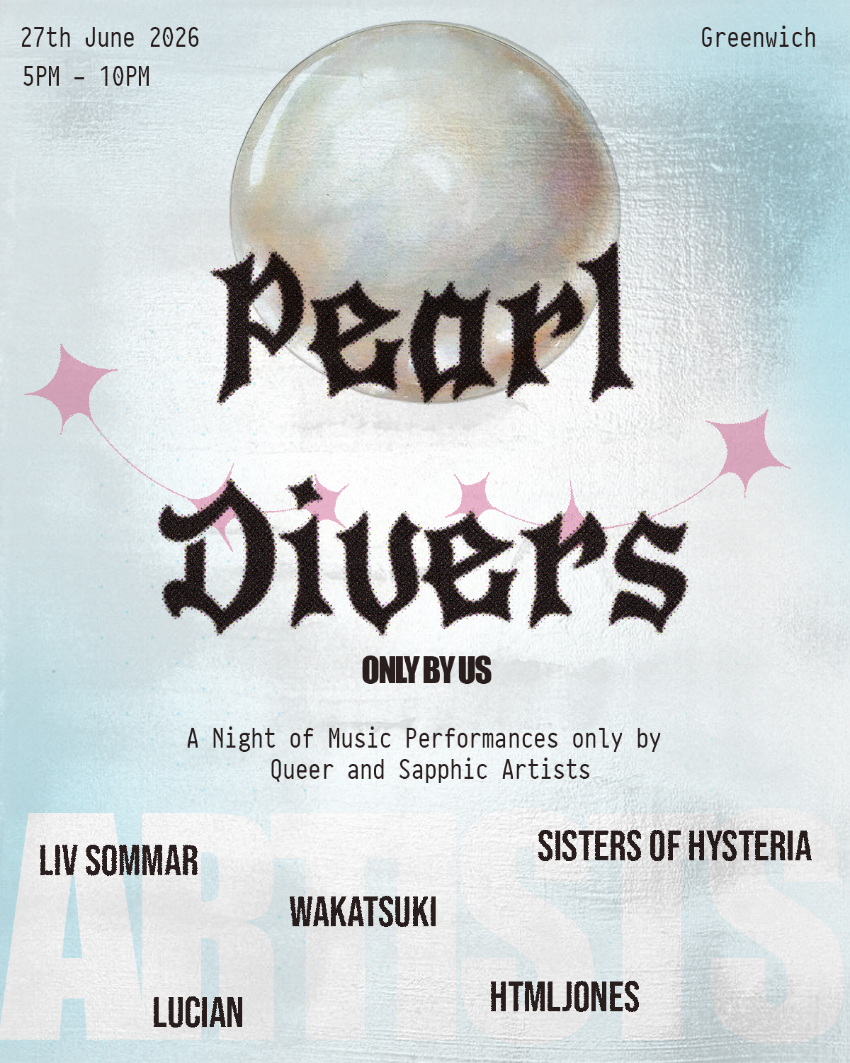 Pearl Divers poster — queer sapphic concert + gender care fundraiser, 27 June 2026